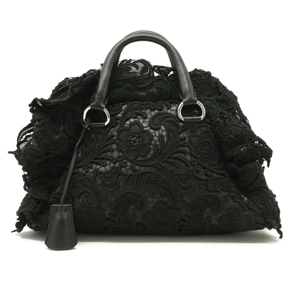 Prada Lace Boston Bag Handbag Leather NERO Black